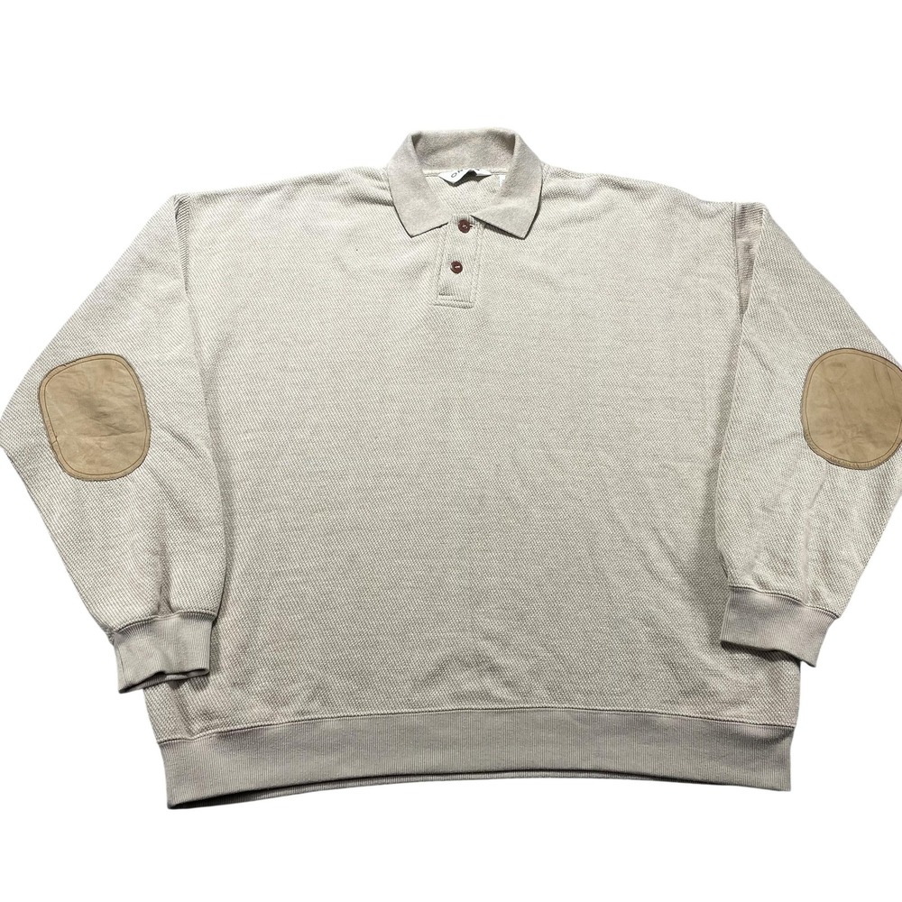 VTG Orvis Polo Shirt Mens 2XL Beige Solid Knit Elbow Patch Long Sleeve Casual